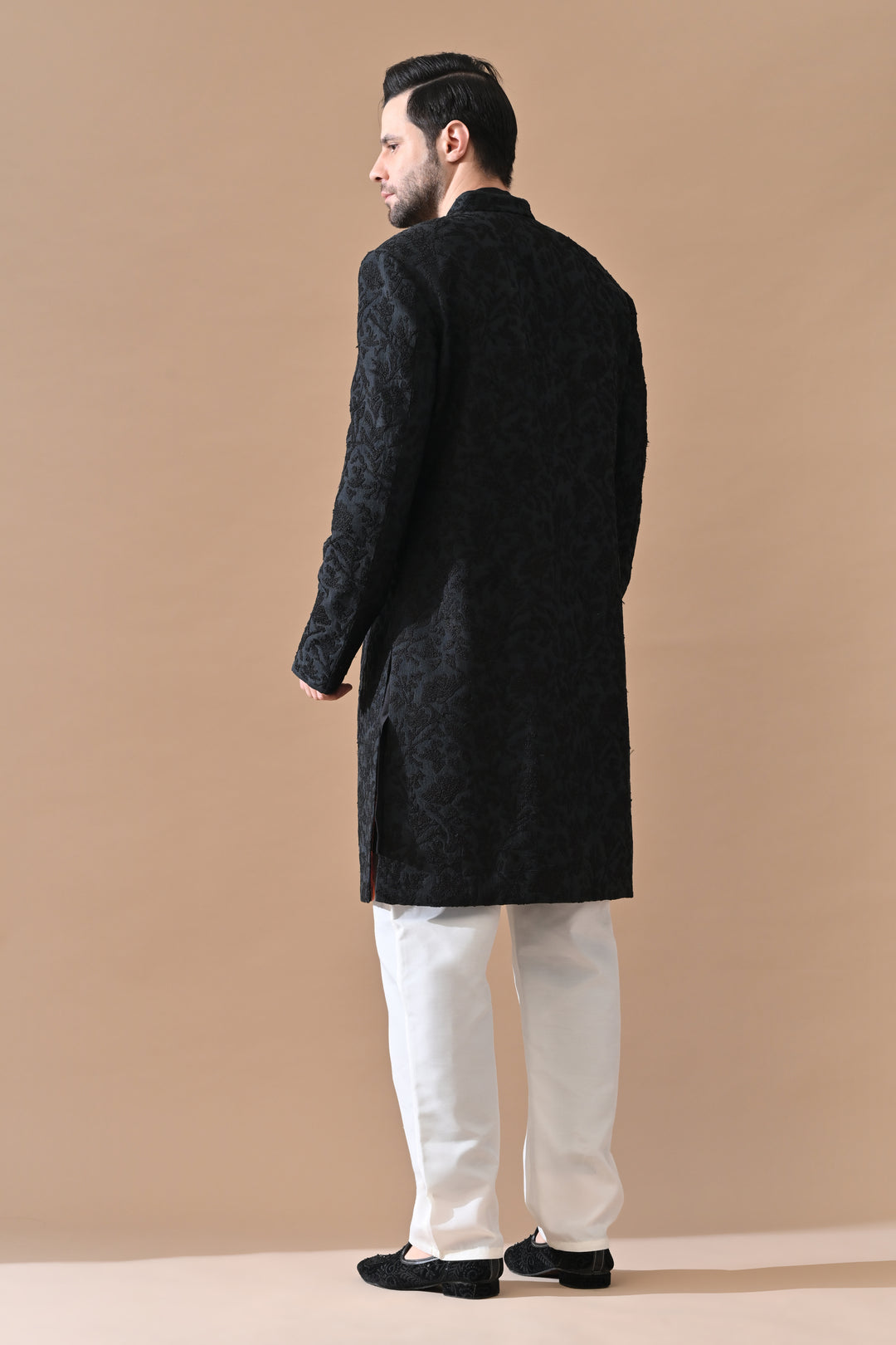 Black Sherwani With All-Over Embroidery
