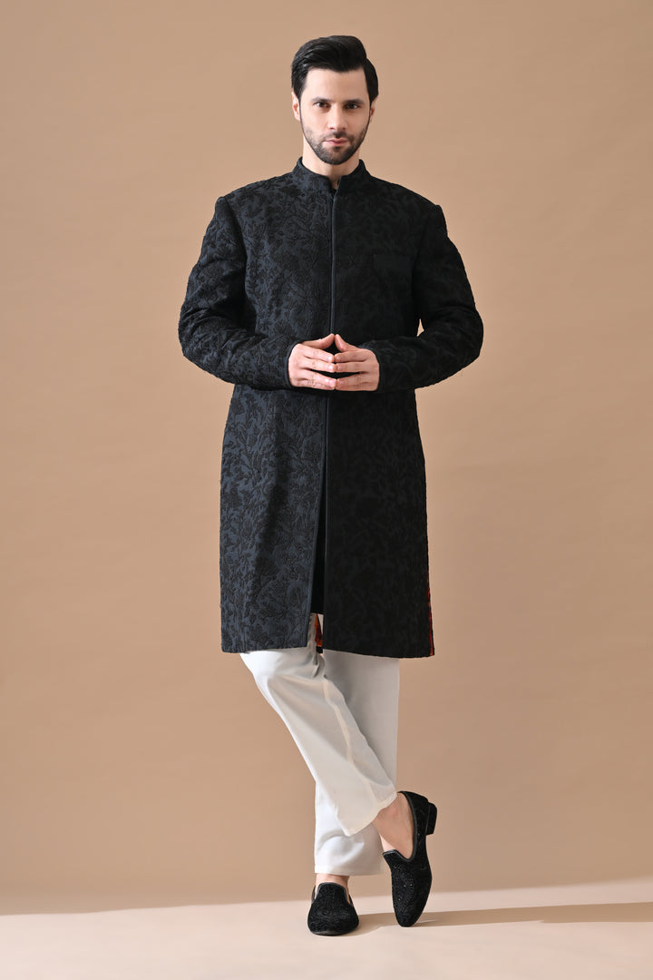 Black Sherwani With All-Over Embroidery