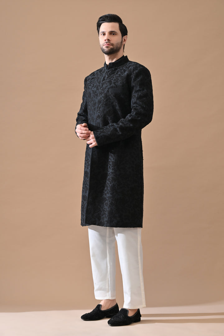 Black Sherwani With All-Over Embroidery