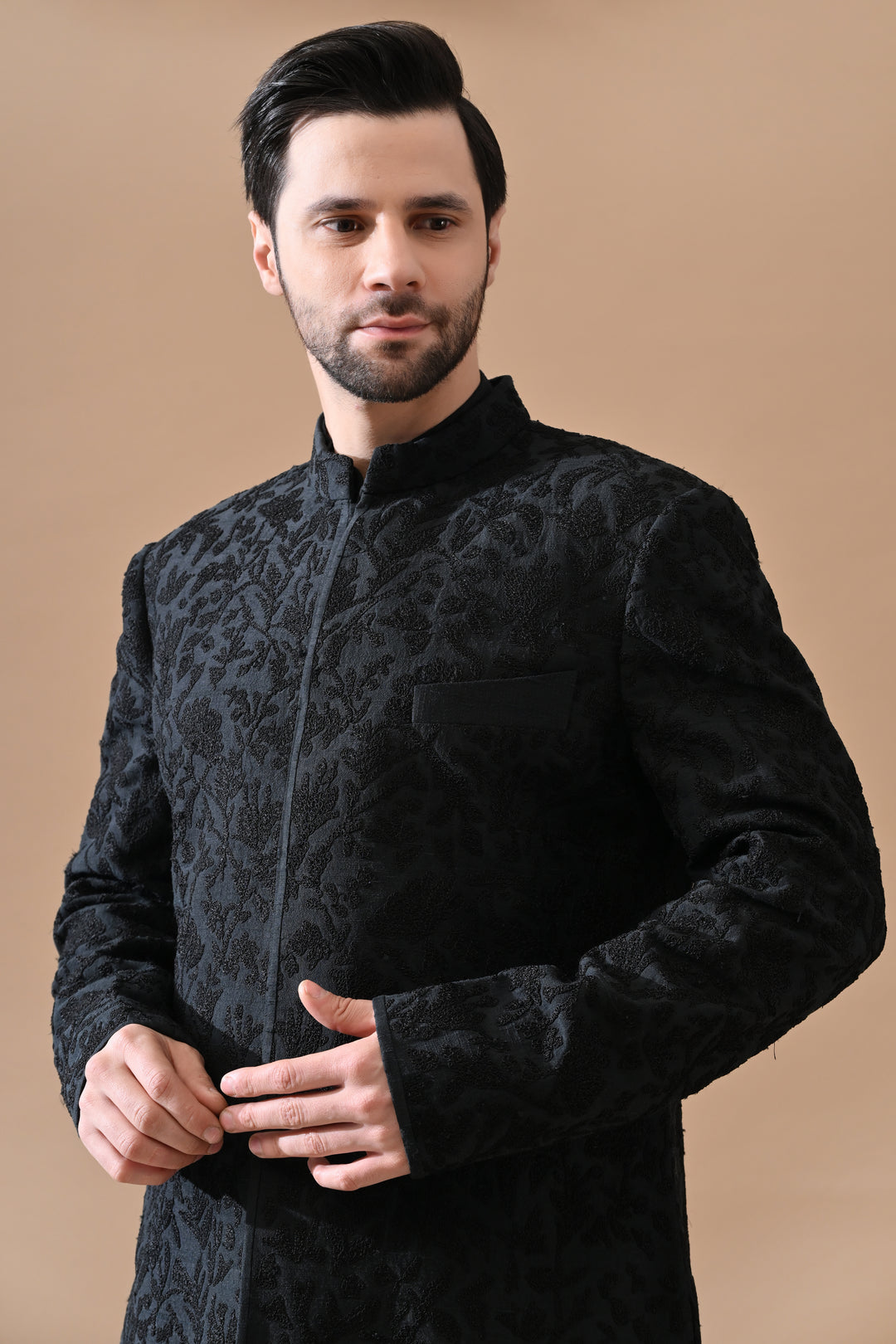 Black Sherwani With All-Over Embroidery