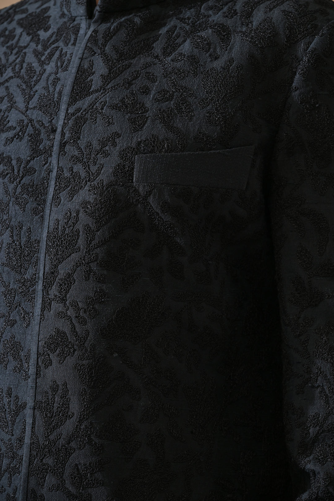 Black Sherwani With All-Over Embroidery