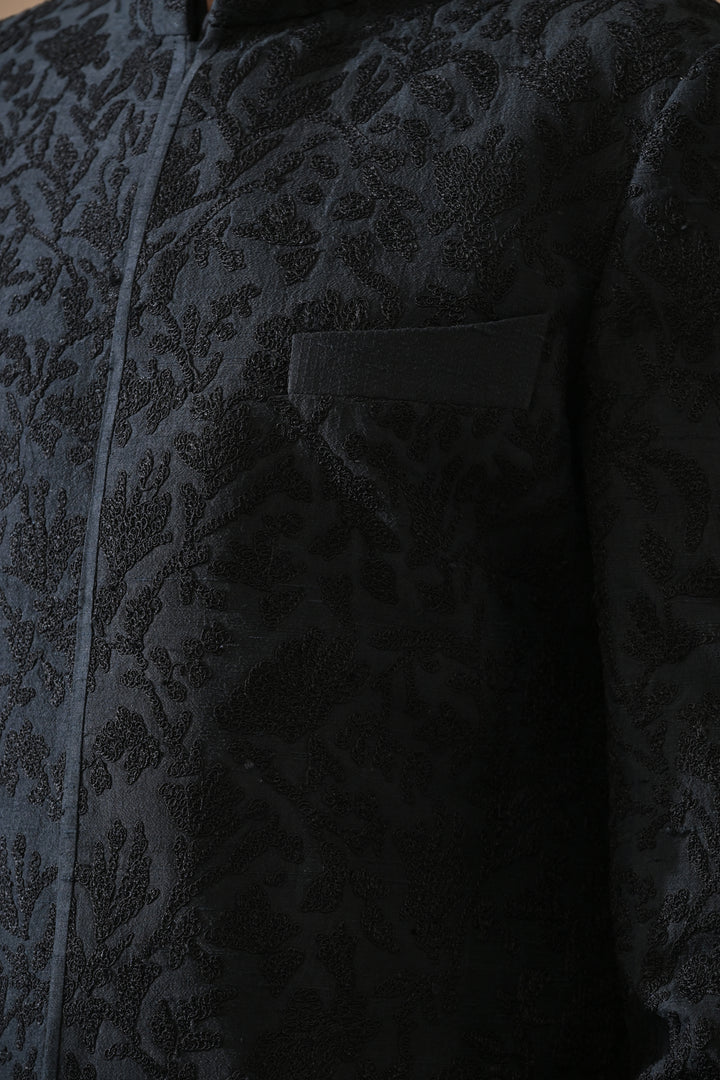 Black Sherwani With All-Over Embroidery