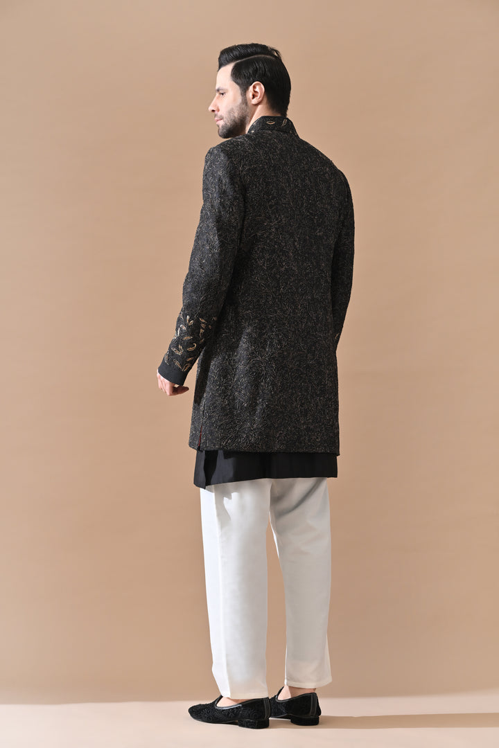 Black Sherwani With Subtle Gold Threadwork