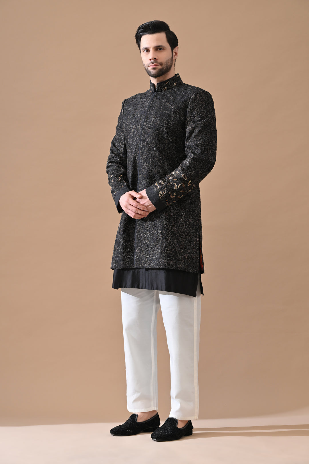 Black Sherwani With Subtle Gold Threadwork