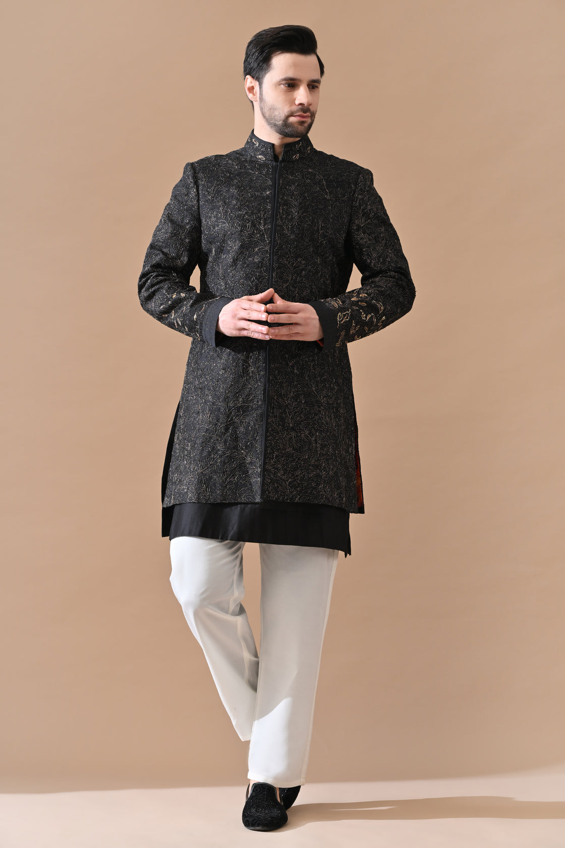 Black Sherwani With Subtle Gold Threadwork