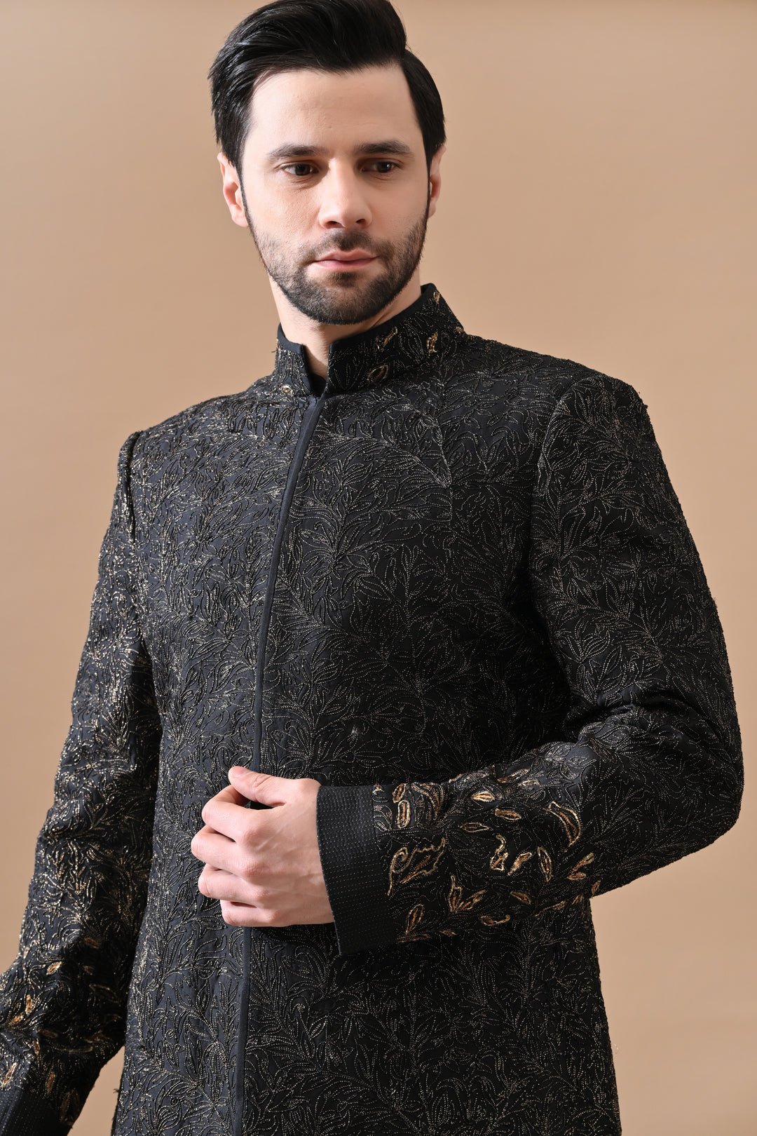 Black Sherwani With Subtle Gold Threadwork