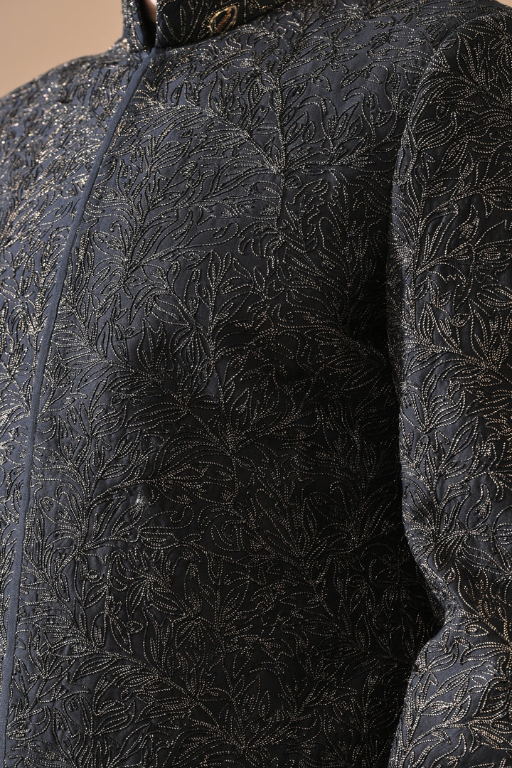 Black Sherwani With Subtle Gold Threadwork