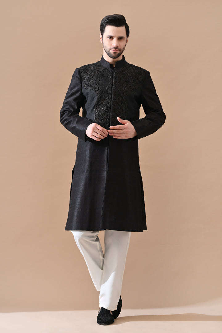 Black Sherwani With Refined Tonal Embroidery