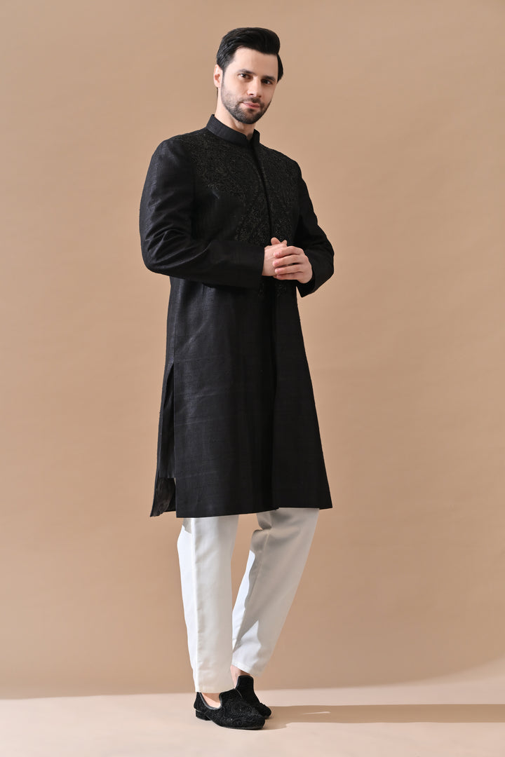 Black Sherwani With Refined Tonal Embroidery