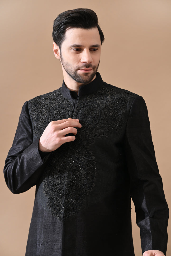 Black Sherwani With Refined Tonal Embroidery
