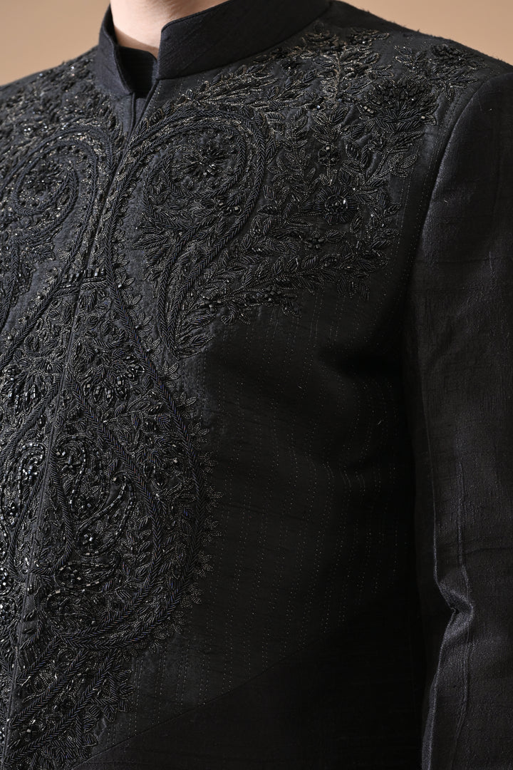 Black Sherwani With Refined Tonal Embroidery
