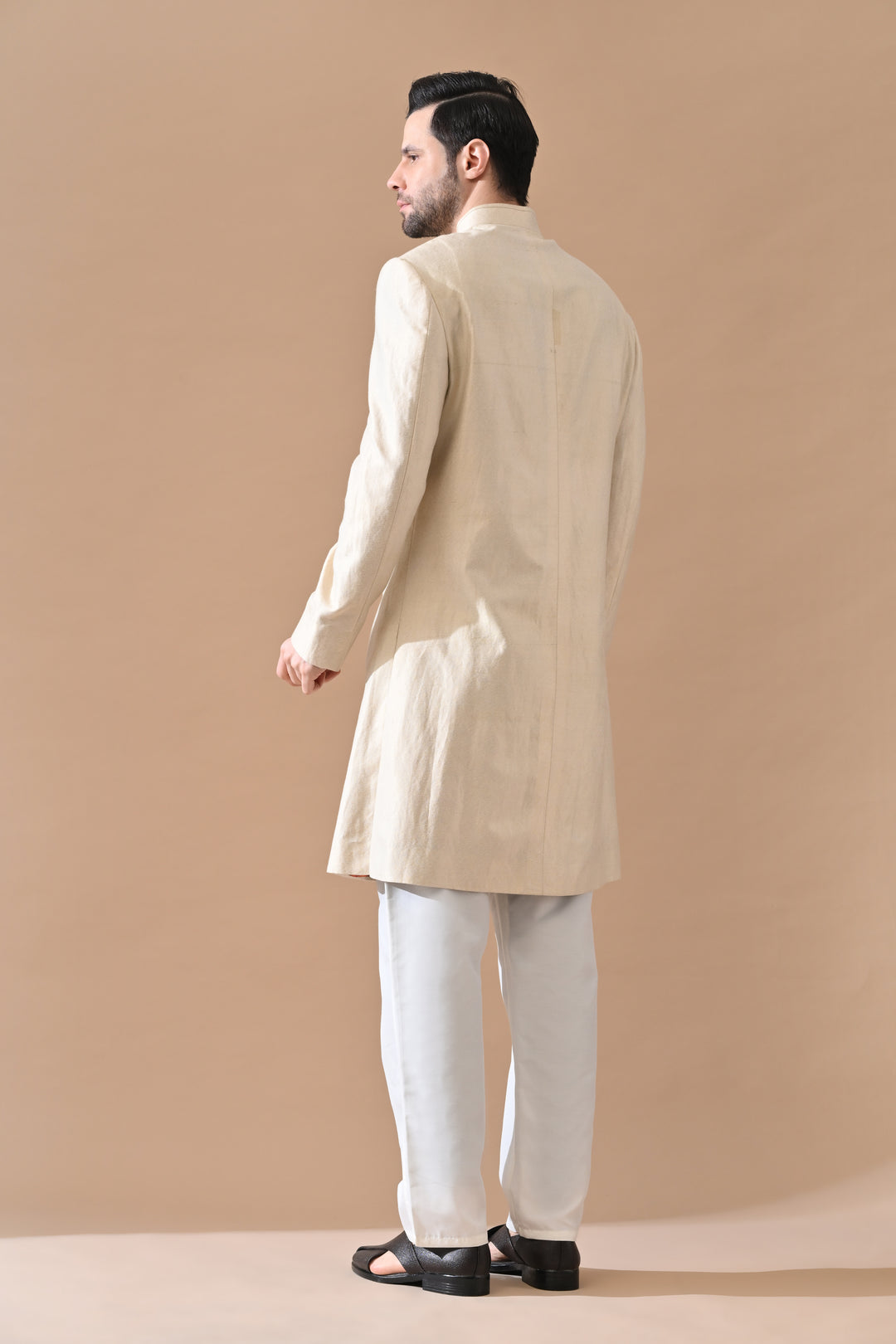 Beige Classic Bandh Gala Sherwani With Structured Finish