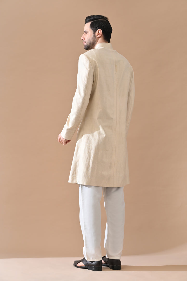 Beige Classic Bandh Gala Sherwani With Structured Finish