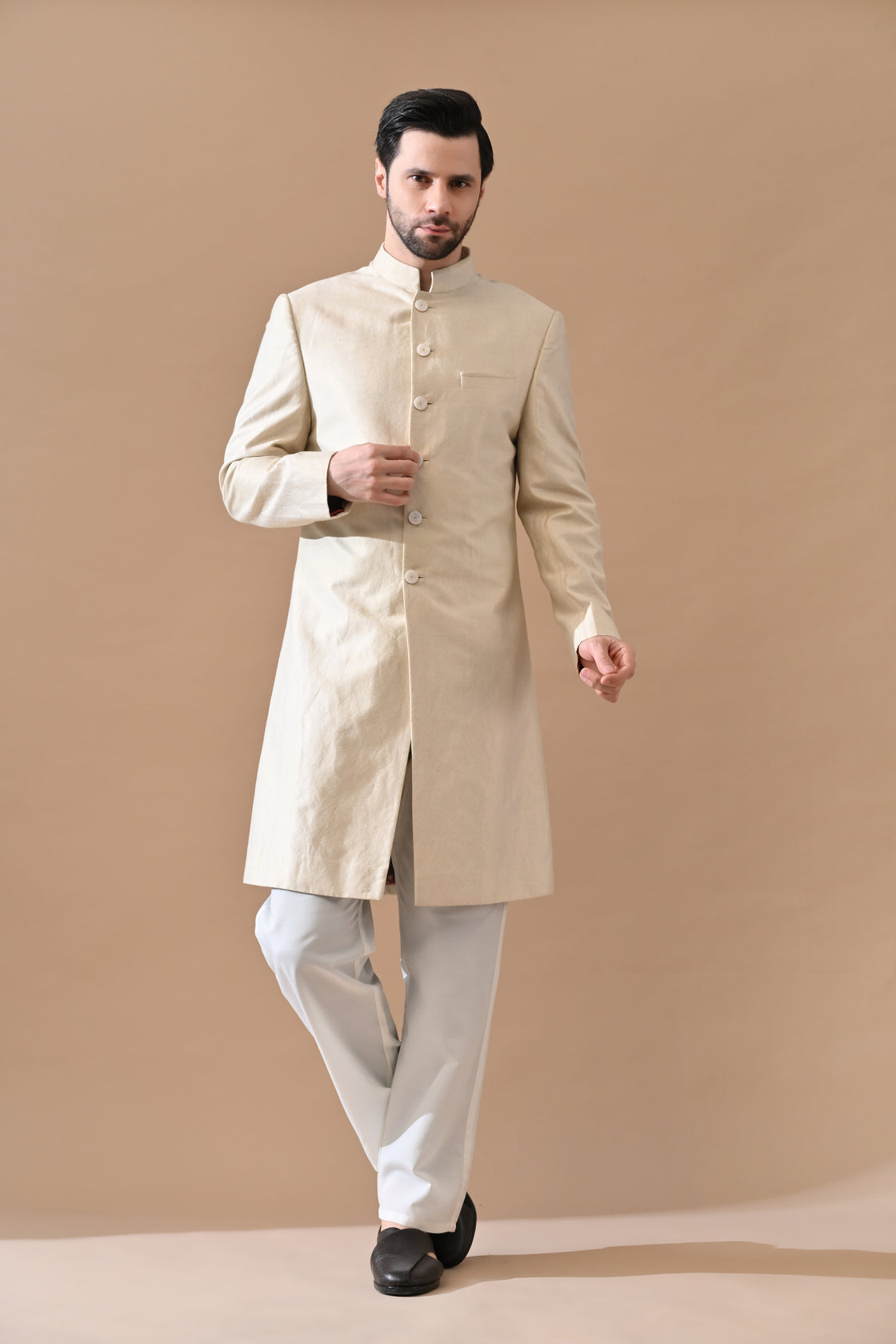 Beige Classic Bandh gala Sherwani With Structured Finish