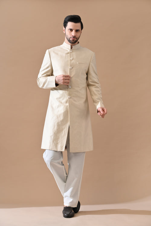 Beige Classic Bandh gala Sherwani With Structured Finish