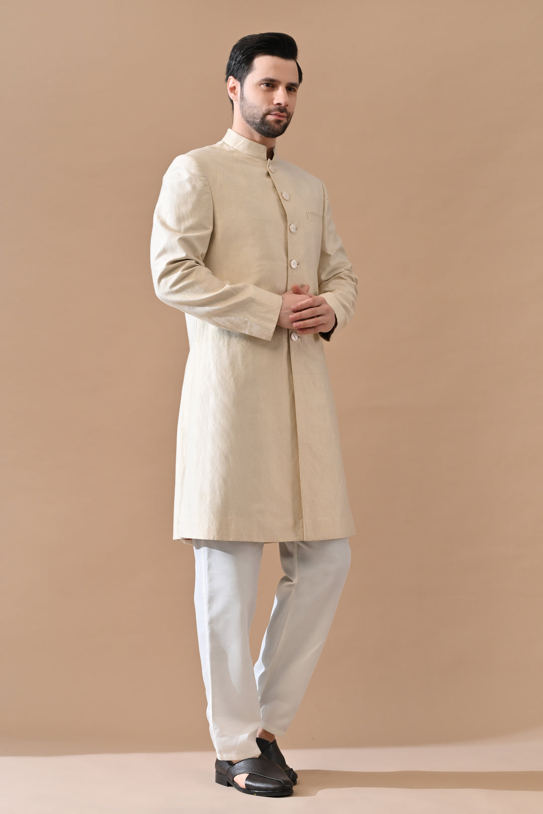 Beige Classic Bandh Gala Sherwani With Structured Finish