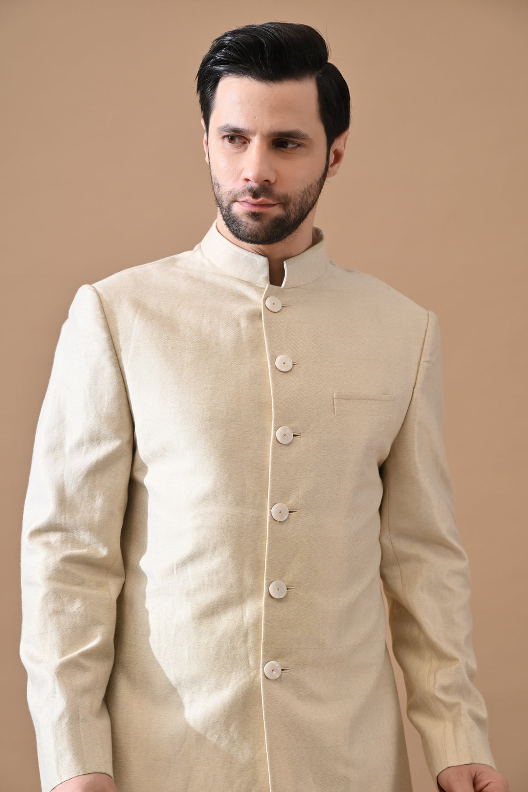 Beige Classic Bandh Gala Sherwani With Structured Finish