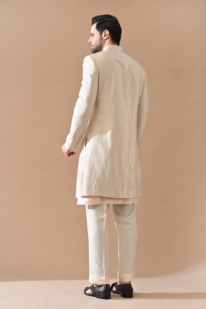 Beige Royal Weave Bandhgala Sherwani