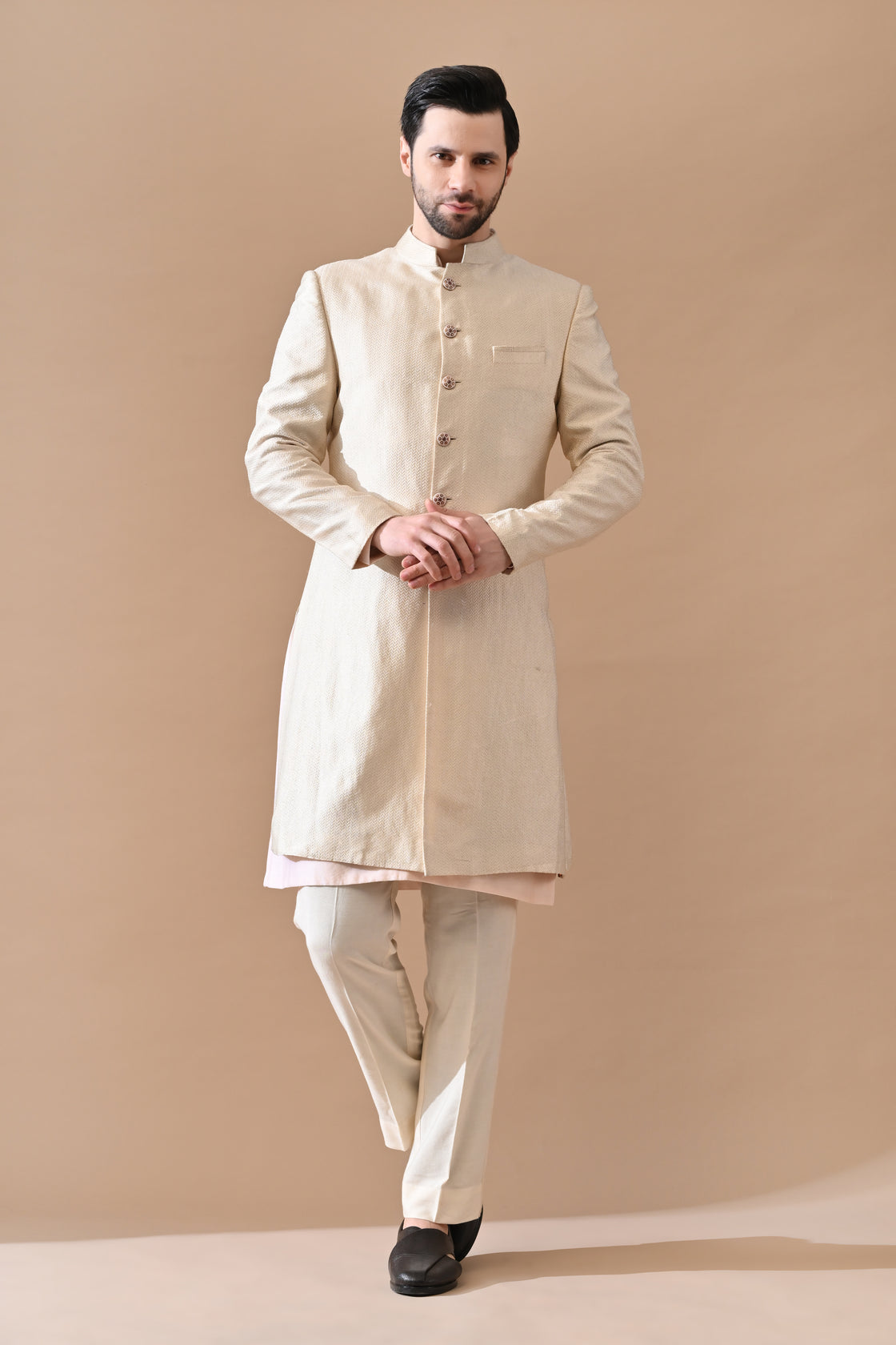 Beige Royal Weave Bandhgala Sherwani