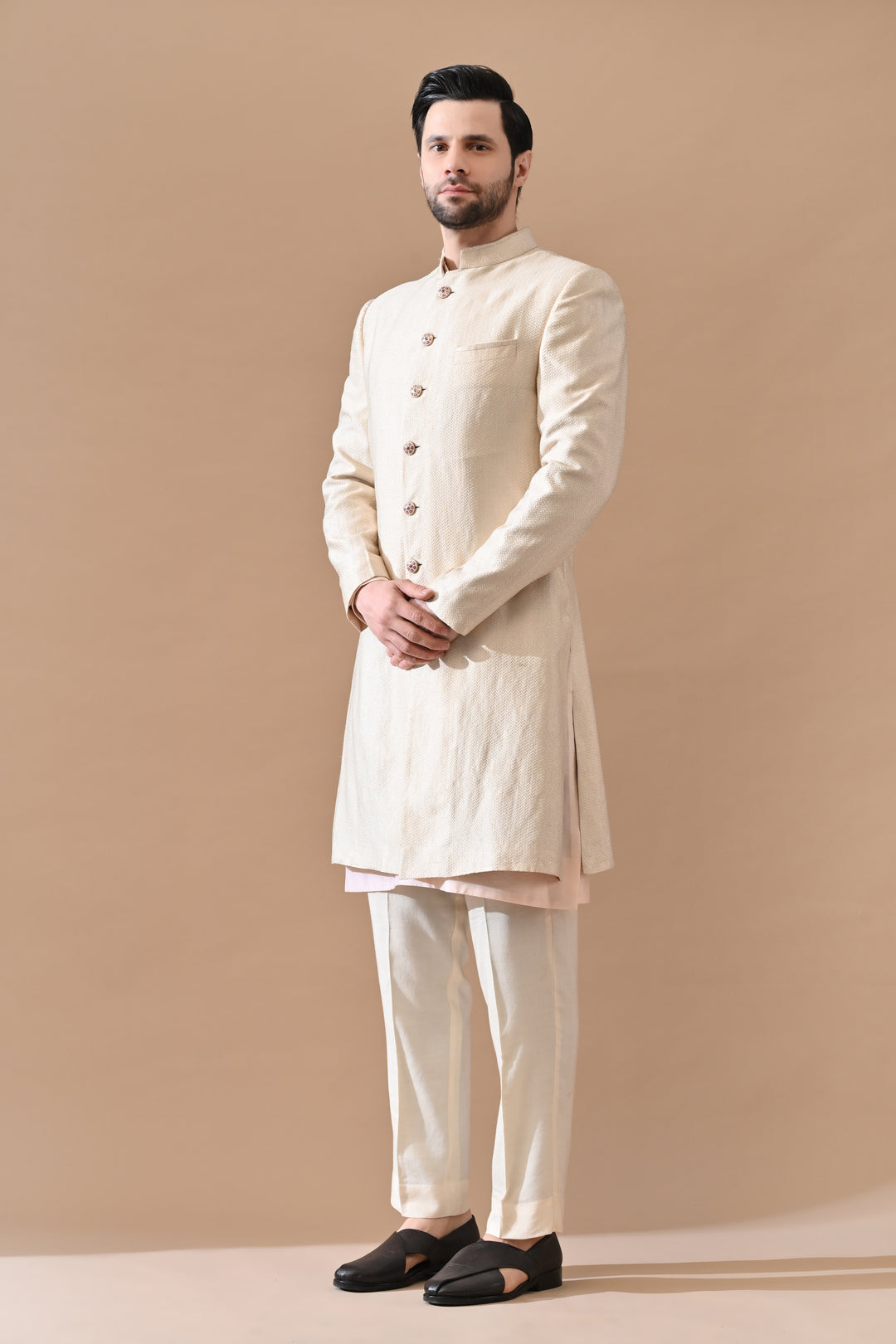 Beige Royal Weave Bandhgala Sherwani