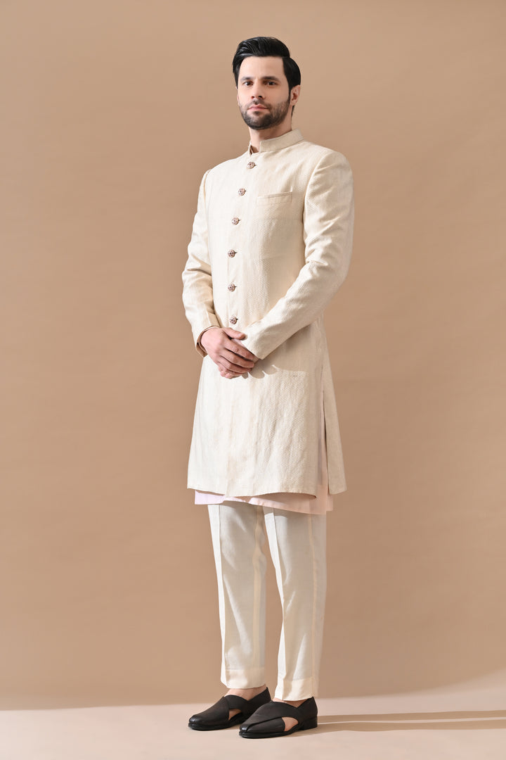 Beige Royal Weave Bandhgala Sherwani
