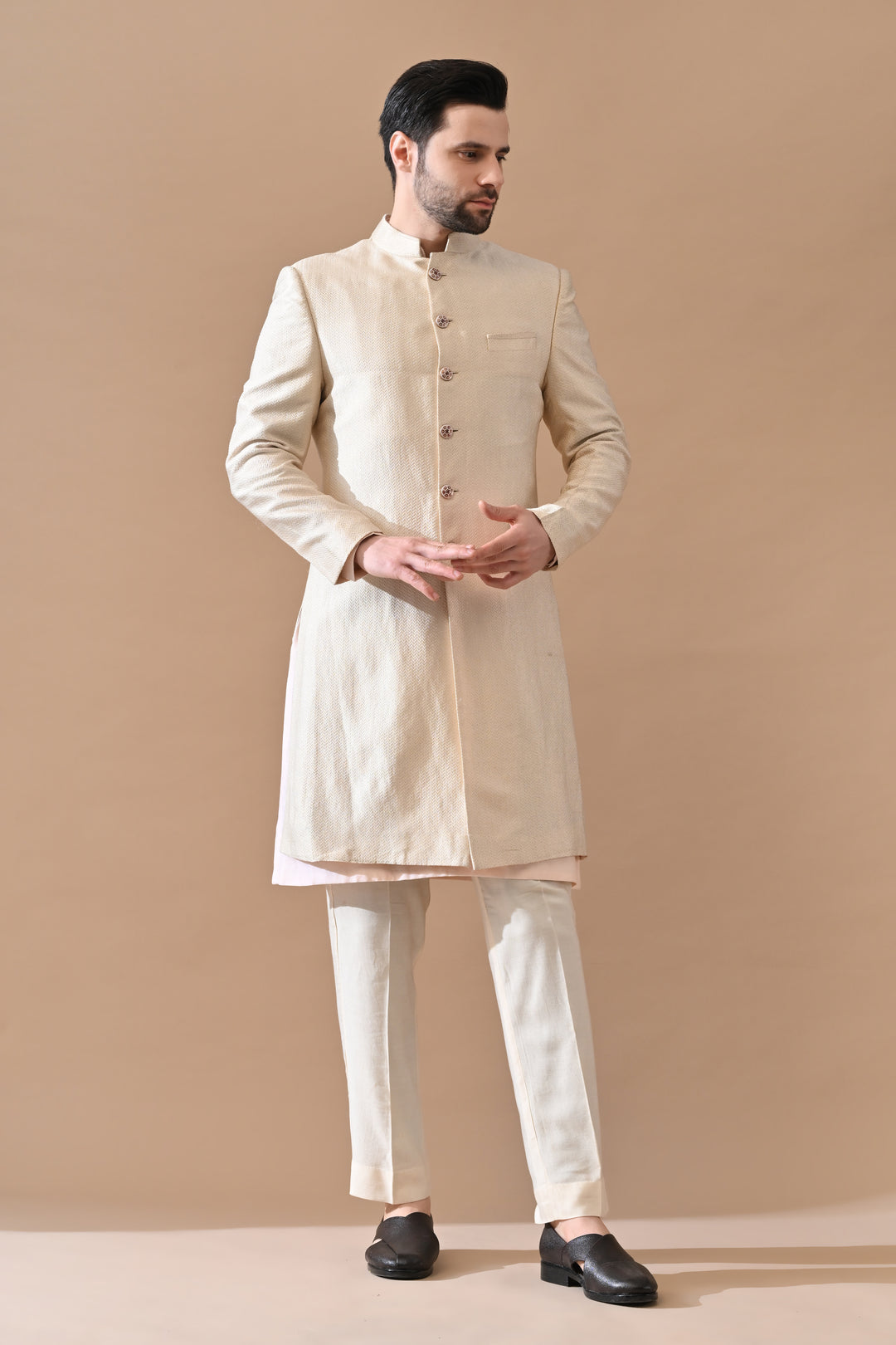 Beige Royal Weave Bandhgala Sherwani
