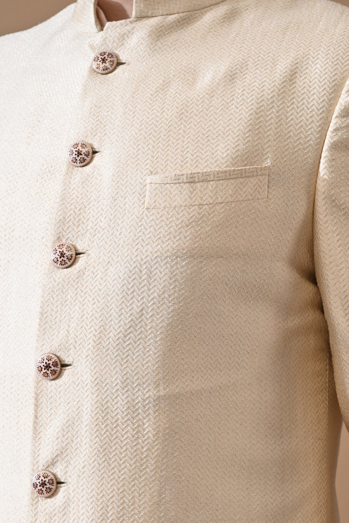 Beige Royal Weave Bandhgala Sherwani