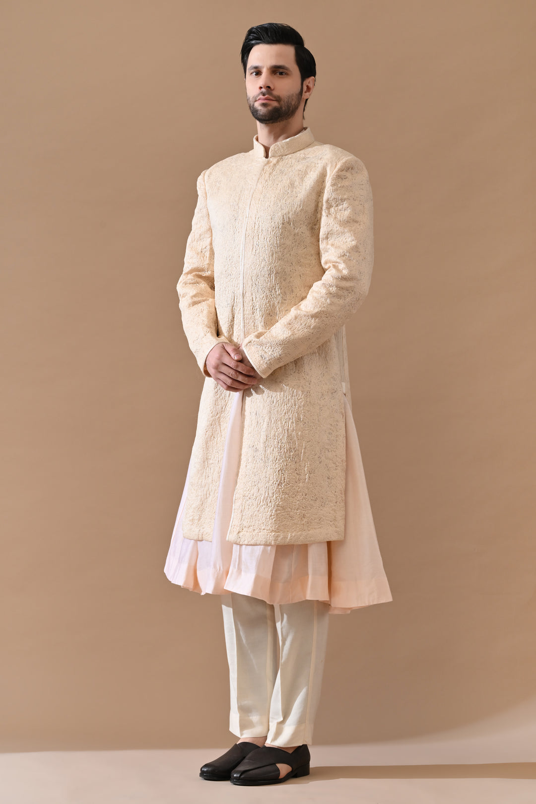 Baby Pink Classic Sand Textured Sherwani