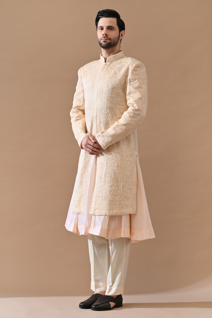 Baby Pink Classic Sand Textured Sherwani