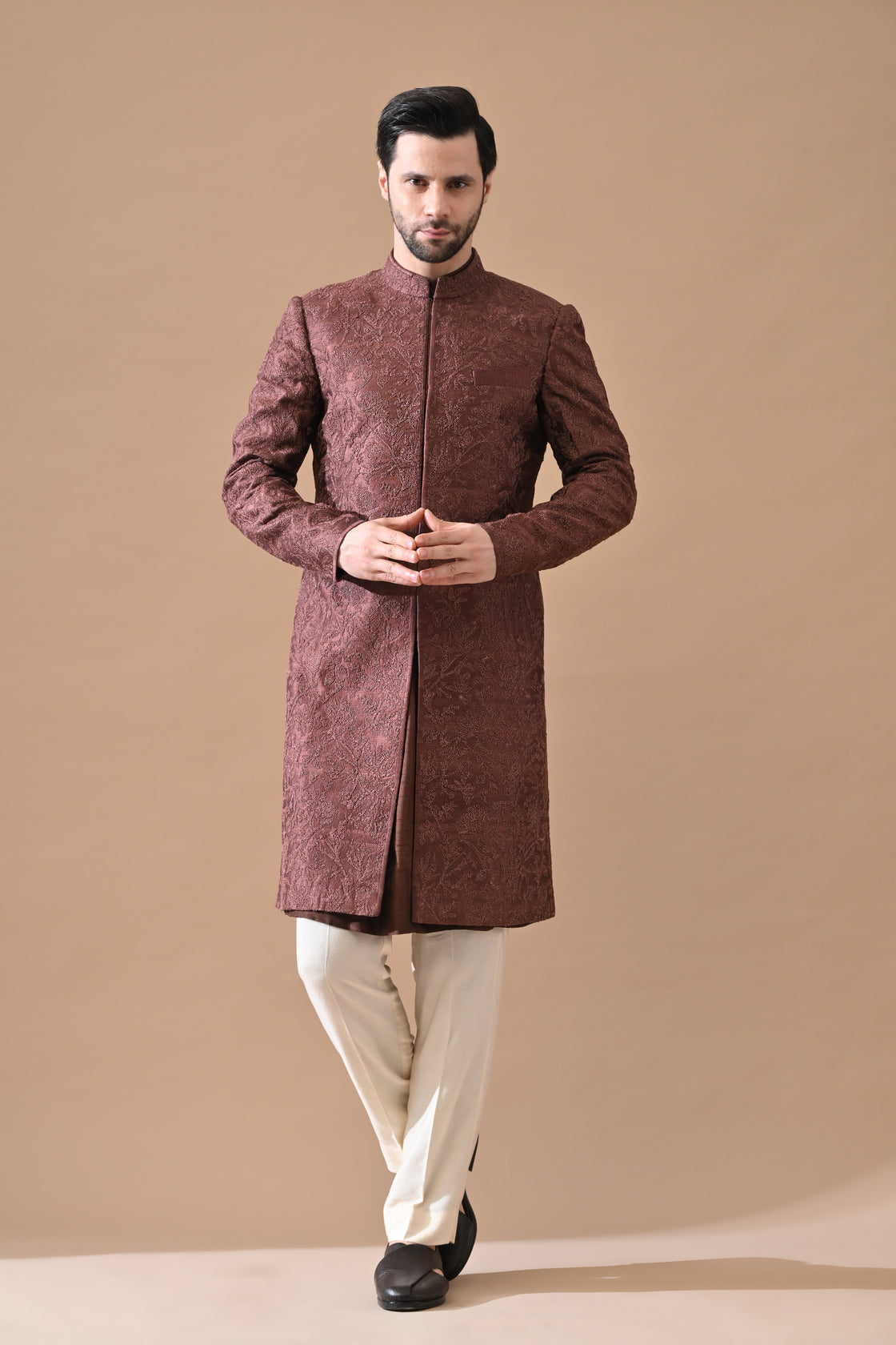 Brown Sherwani with Tonal Embroidery
