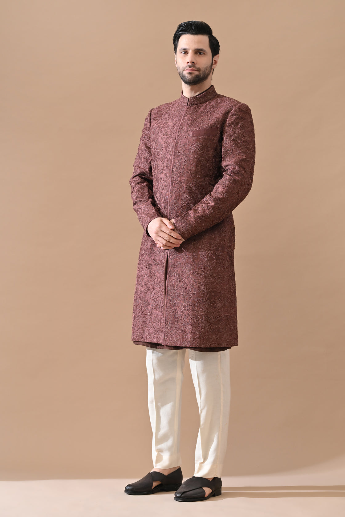 Brown Sherwani with Tonal Embroidery