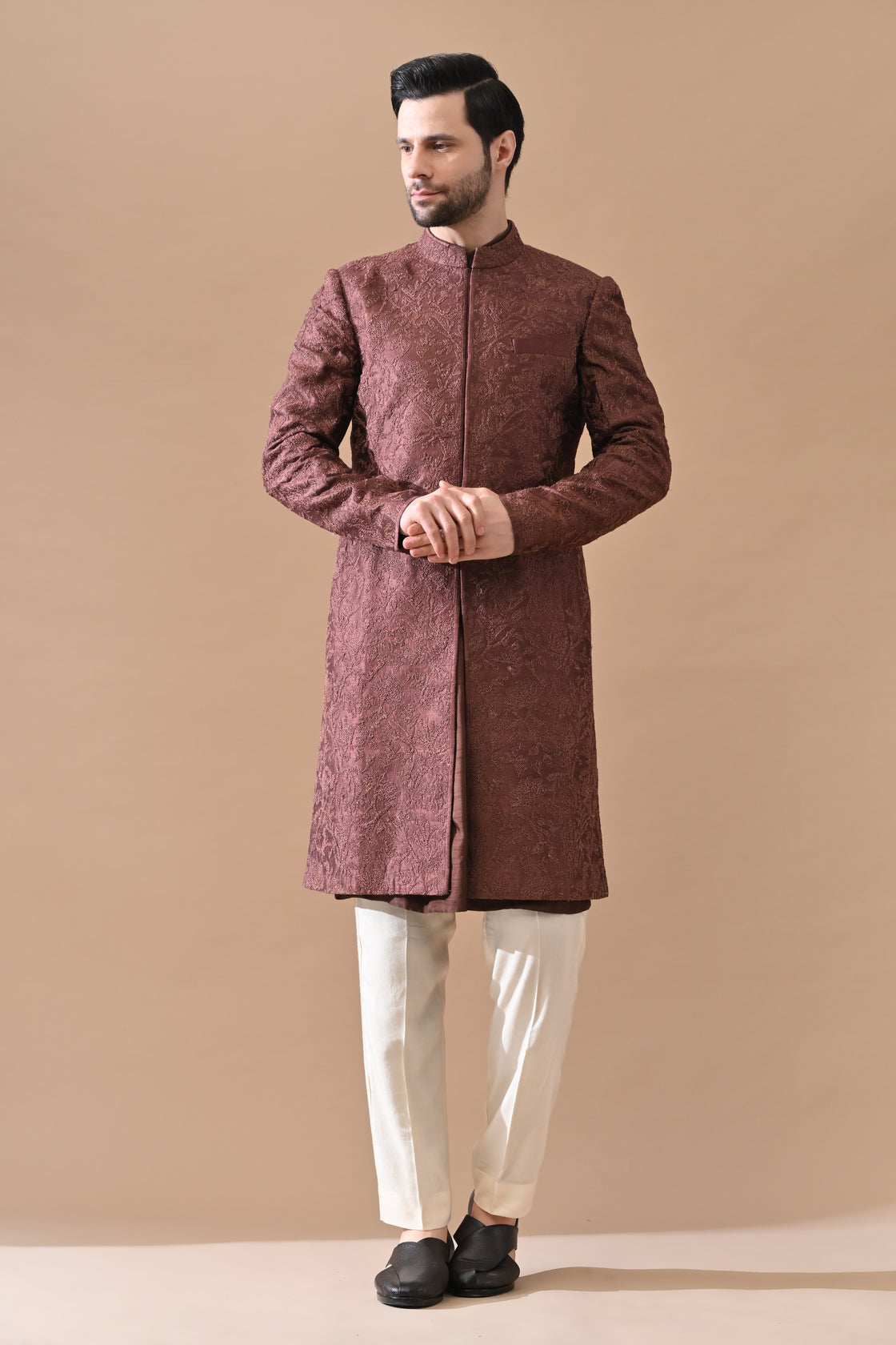 Brown Sherwani with Tonal Embroidery