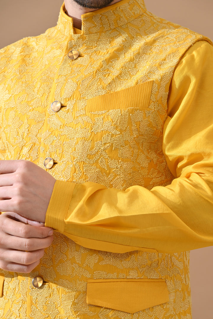 Sunlit Yellow Embroidered Waistcoat Kurta Set