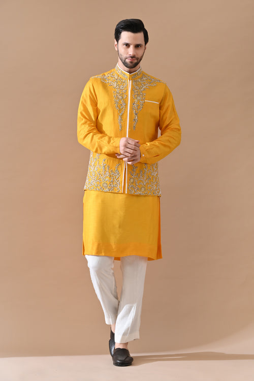 Mustard Zari Embroidered Waistcoat Kurta Set