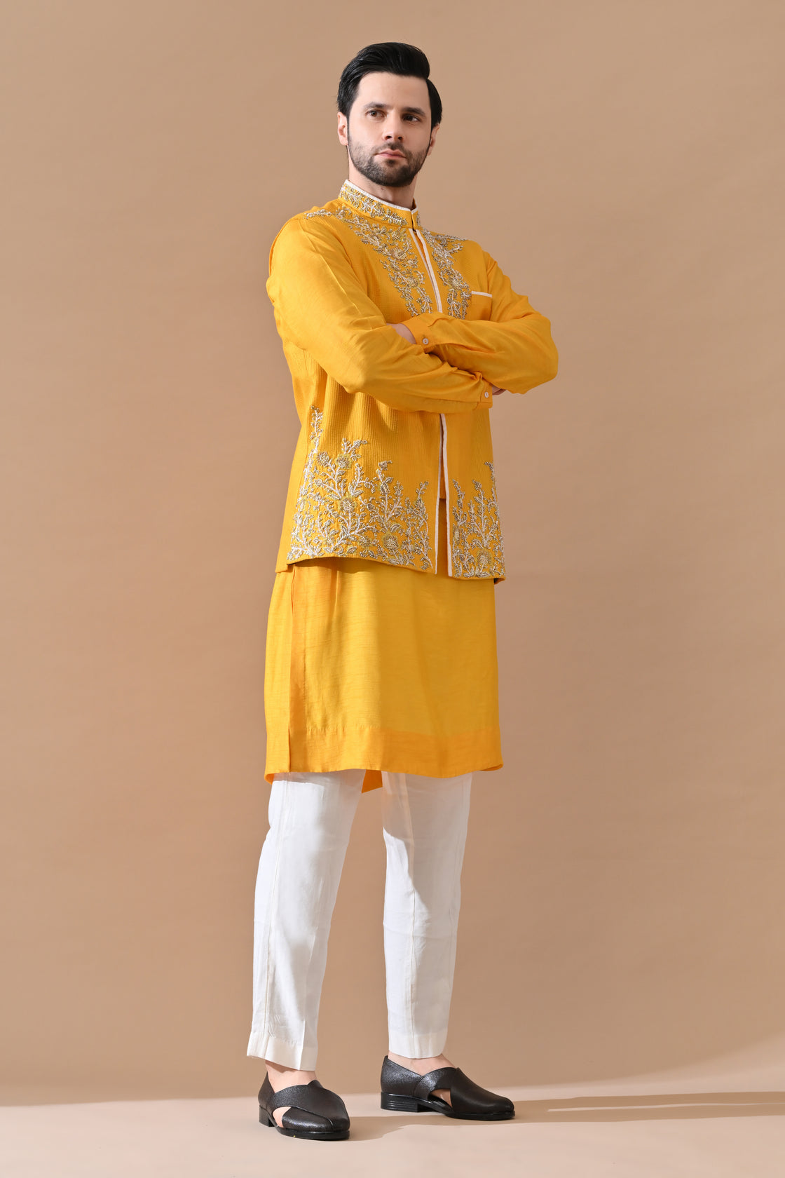 Mustard Zari Embroidered Waistcoat Kurta Set