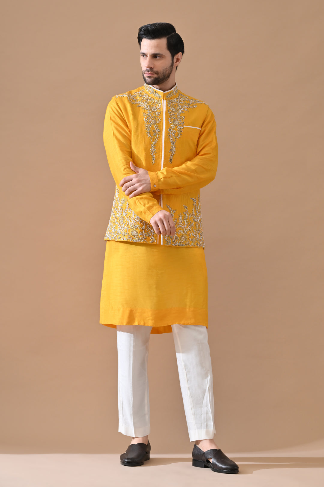 Mustard Zari Embroidered Waistcoat Kurta Set
