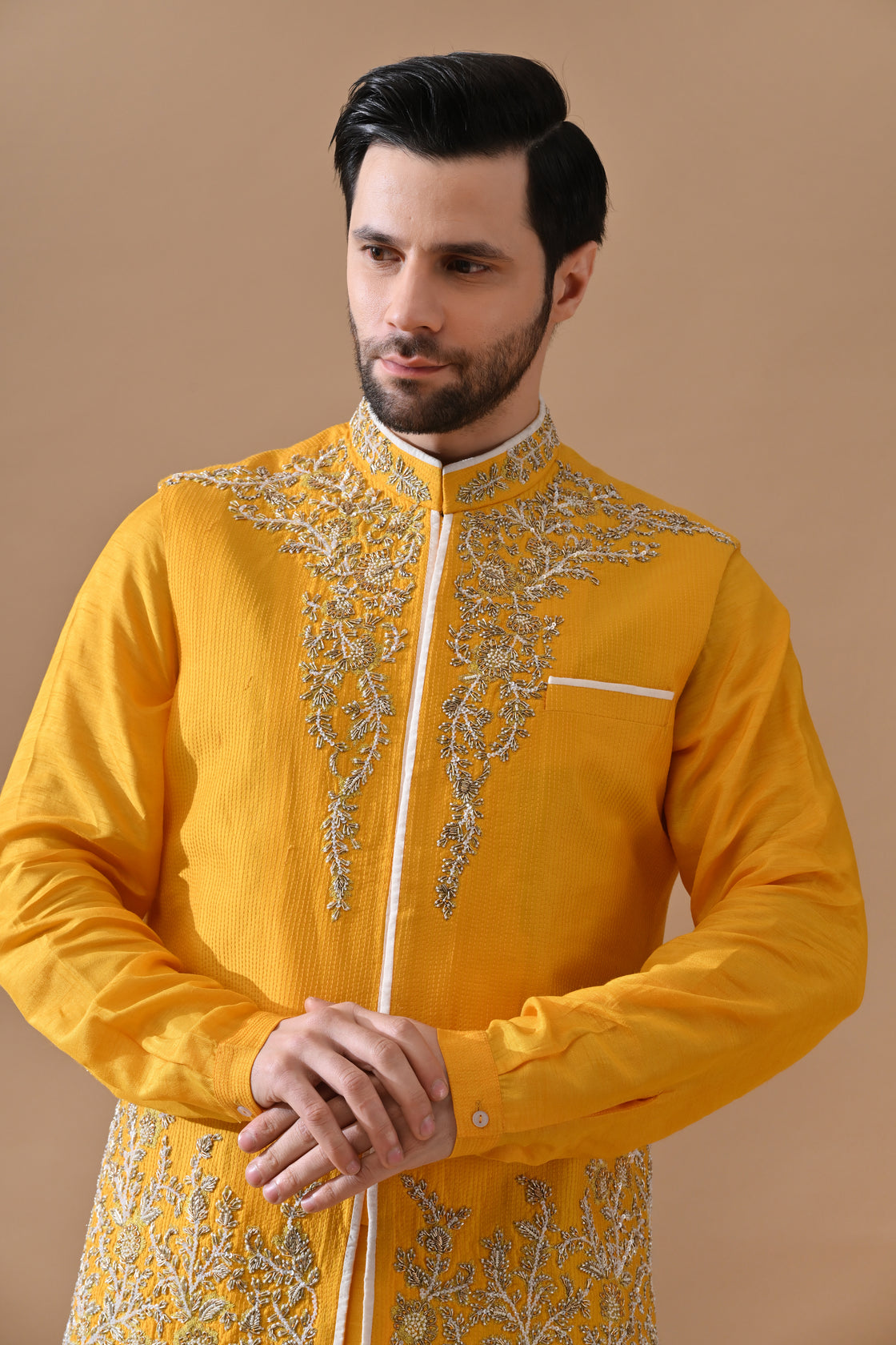 Mustard Zari Embroidered Waistcoat Kurta Set