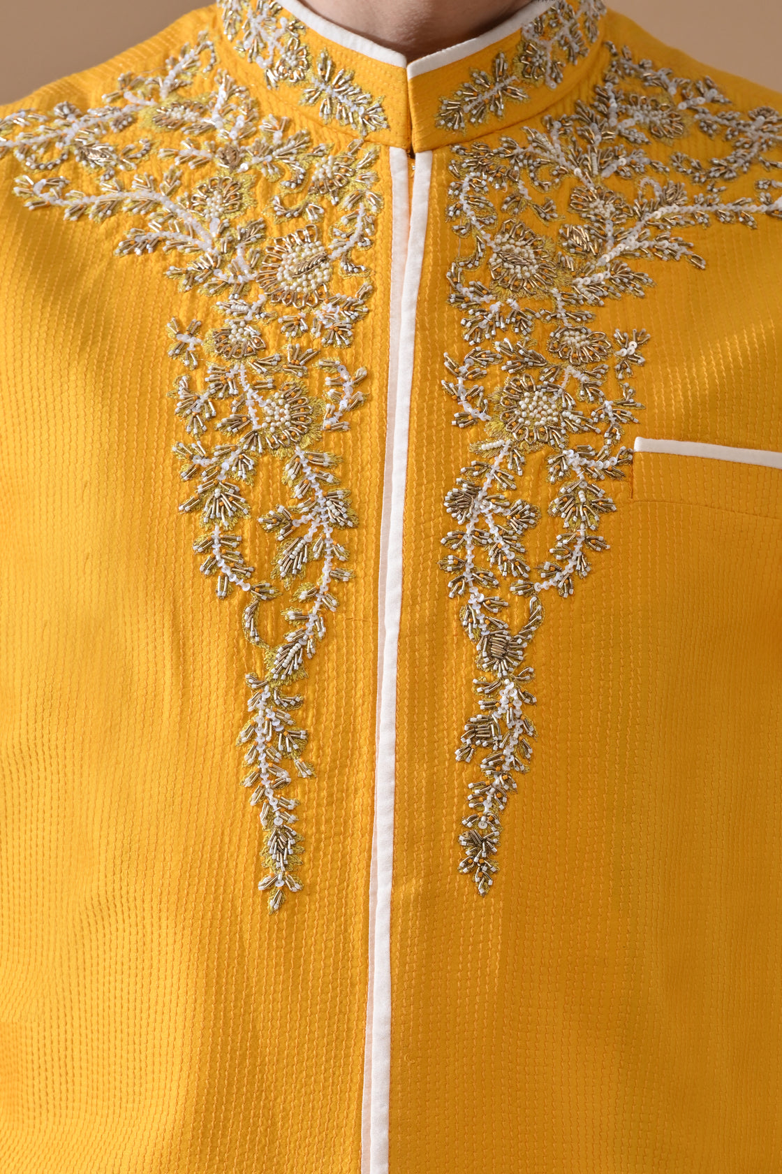 Mustard Zari Embroidered Waistcoat Kurta Set