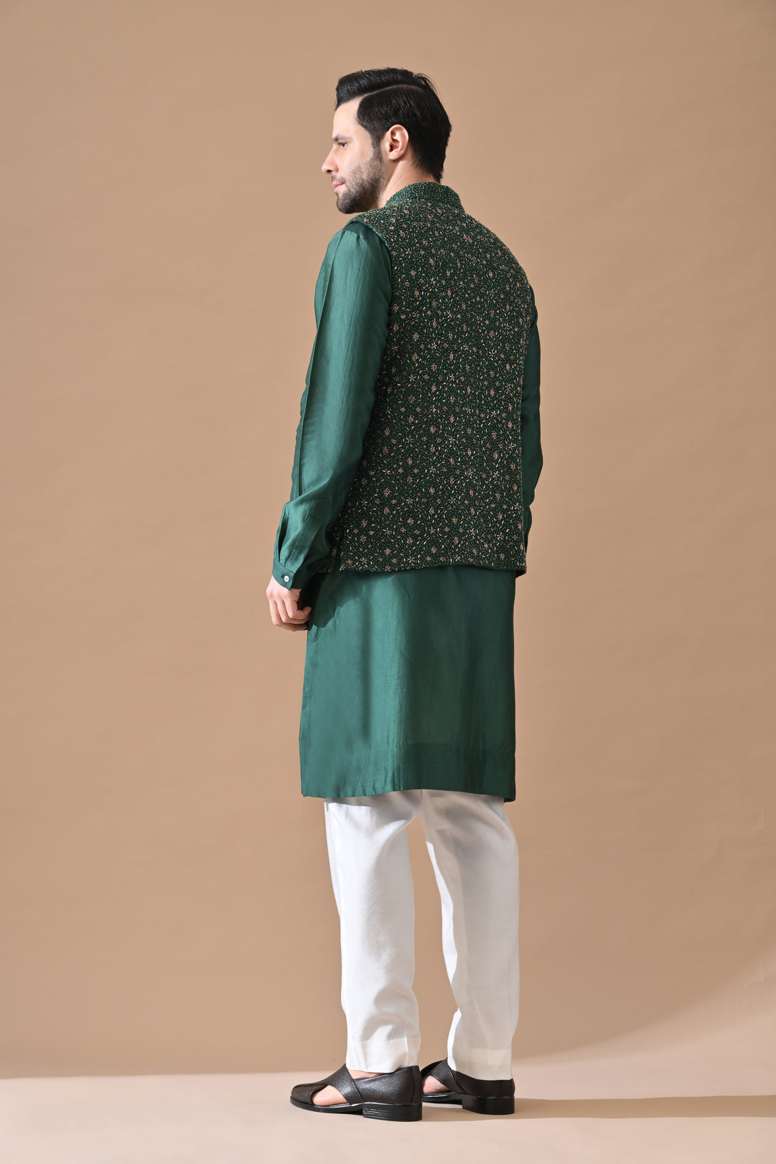 Forest Green Shahi Embroidery Waistcoat Set