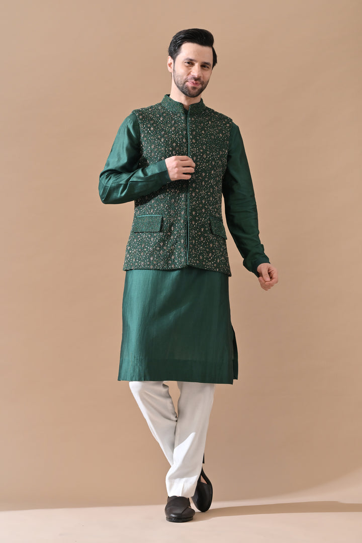 Forest Green Shahi Embroidery Waistcoat Set