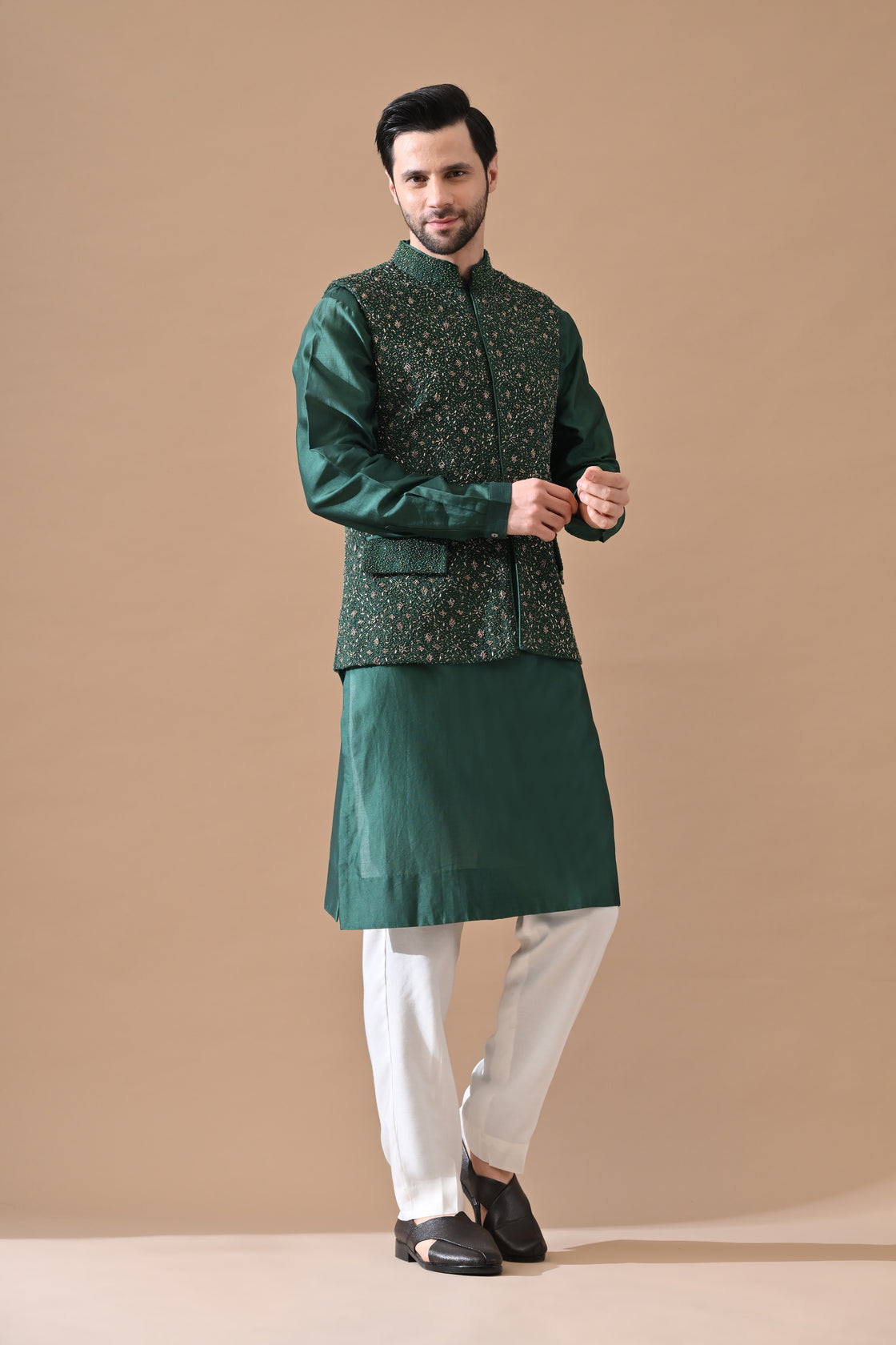 Forest Green Shahi Embroidery Waistcoat Set