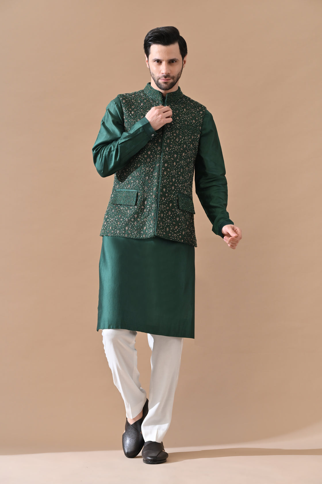 Forest Green Shahi Embroidery Waistcoat Set