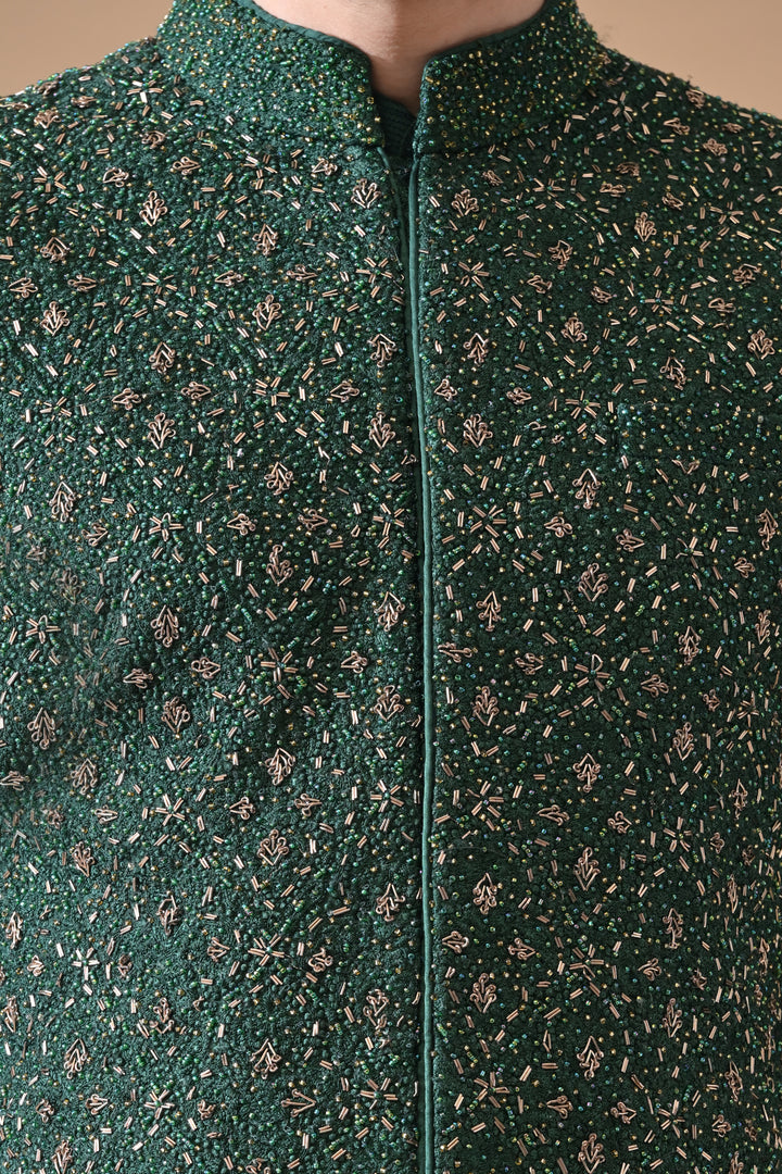 Forest Green Shahi Embroidery Waistcoat Set