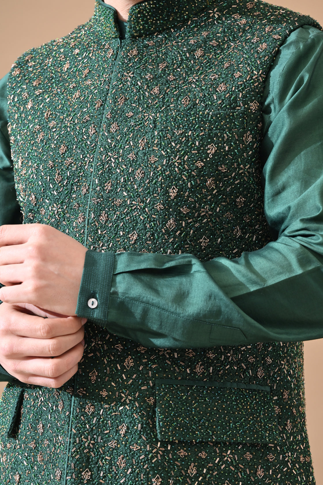 Forest Green Shahi Embroidery Waistcoat Set