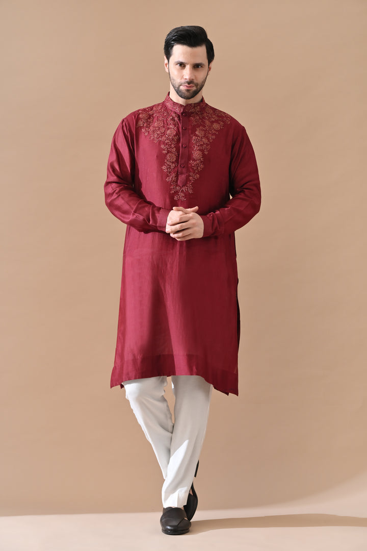 Maroon Classic Embroidered Kurta