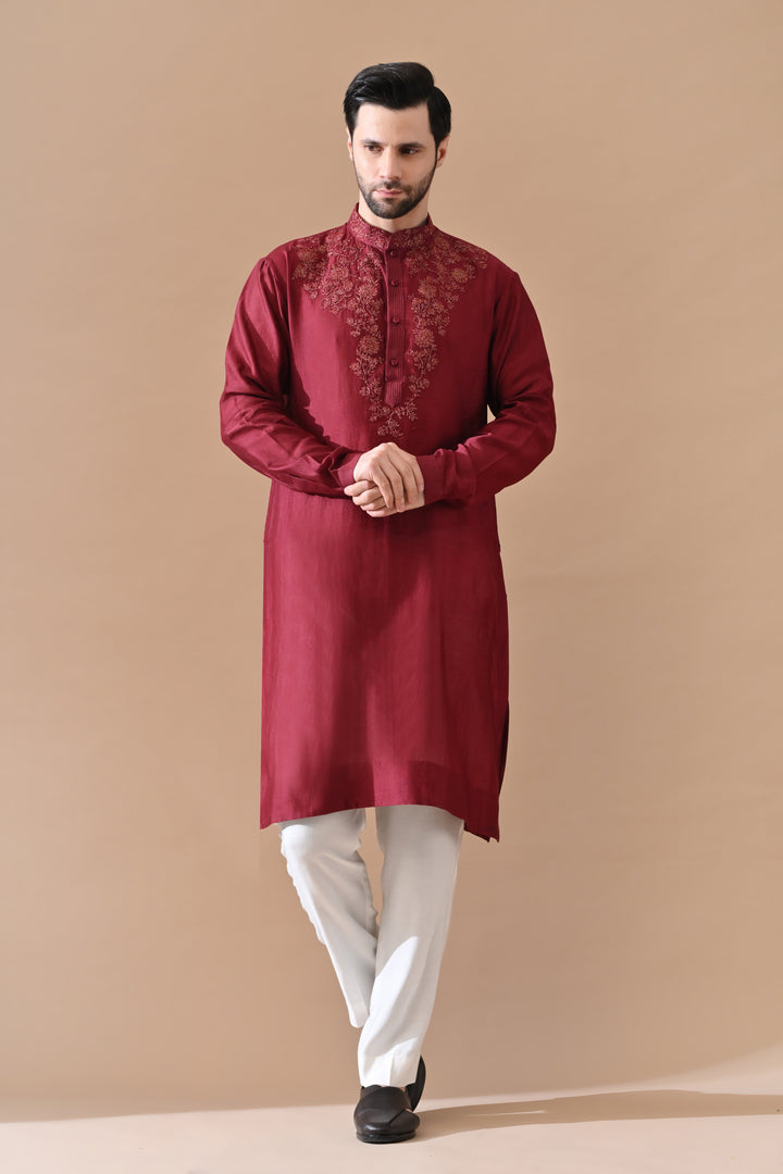 Maroon Classic Embroidered Kurta
