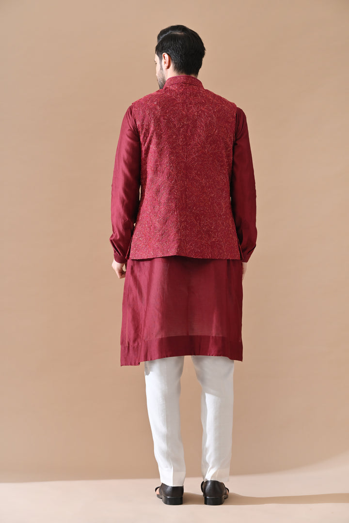 Deep Maroon Embroidered Waistcoat Kurta Set