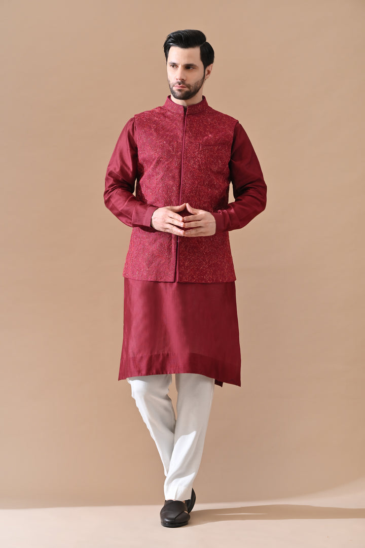 Deep Maroon Embroidered Waistcoat Kurta Set