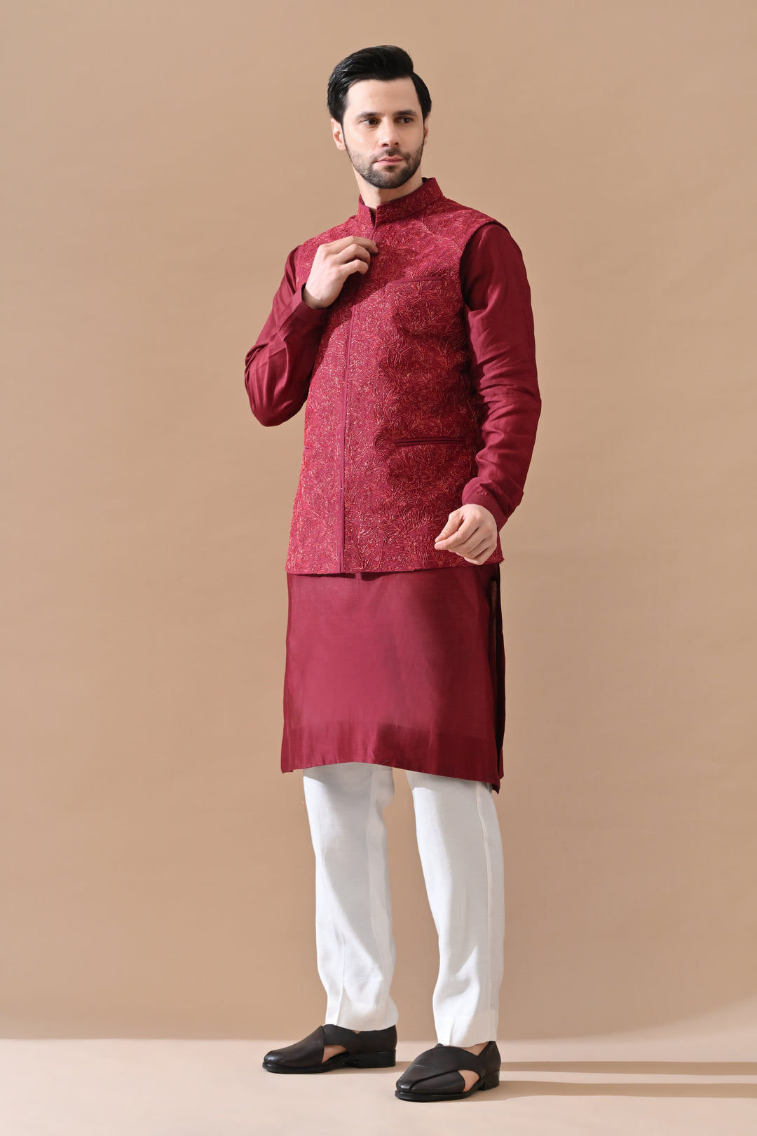 Deep Maroon Embroidered Waistcoat Kurta Set