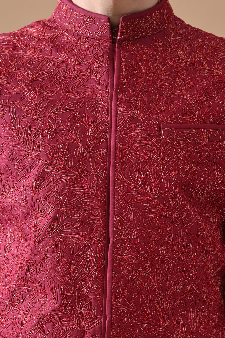 Deep Maroon Embroidered Waistcoat Kurta Set